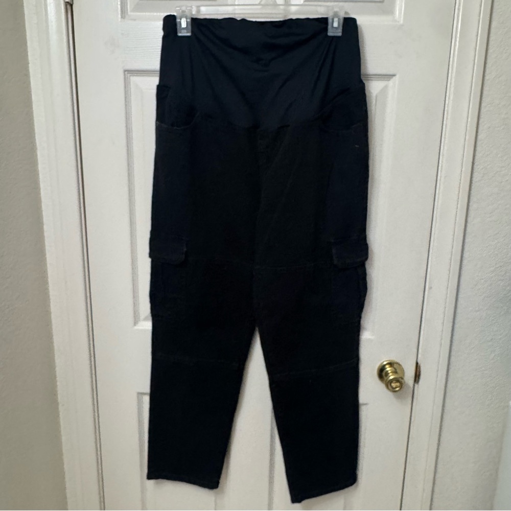 Isabel Black Denim Over the Belly Black Maternity Cargo Jean Pants Size 14 NWOT